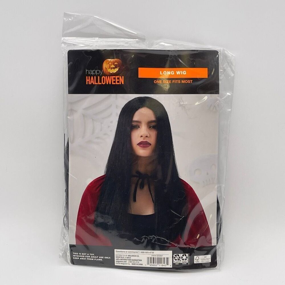 NWT Adult Black Long Hair Wig Straight Happy Halloween Costume One Size Play New